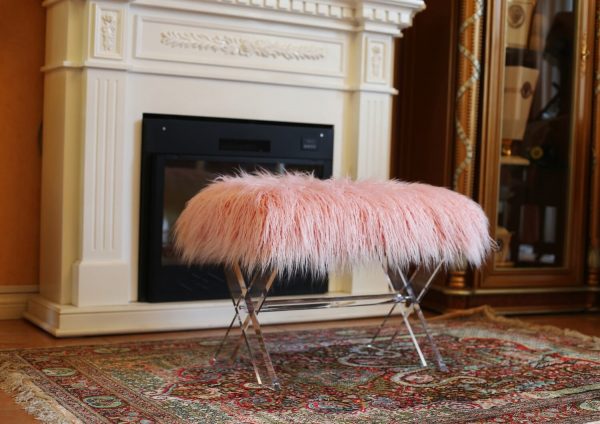 |Fur bench/Ottoman with Acrylic Legs. 2 Colors to Choose: White or Pink|||
