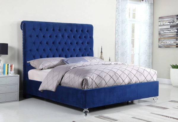 |Navy Blue Velvet Uph. Panel Bed with Acrylic Feet - Queen|||