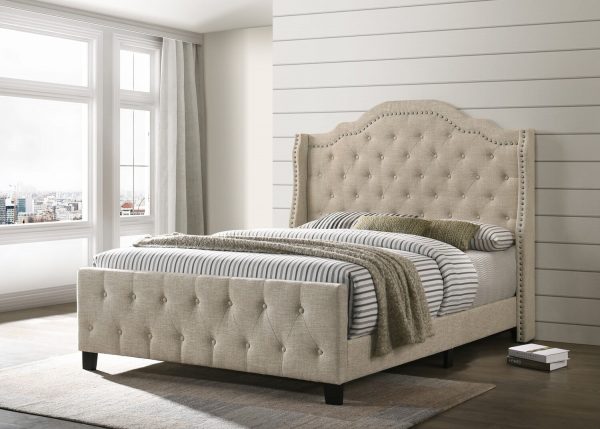 |Beige Linen Tufted Panel Bed - Queen
