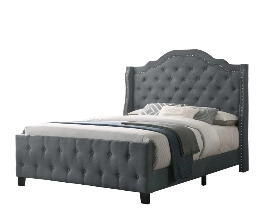 |Dark Grey Linen Tufted Panel Bed - Queen
