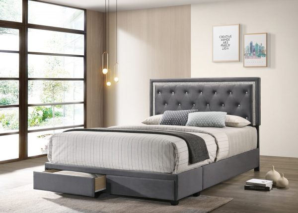 |Dark Grey Velvet Uph. Storage Platform Bed|Twin Size||