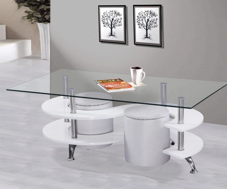 |High Gloss Lacquer Coffee Table with Glass Top|Faux Leather Stools