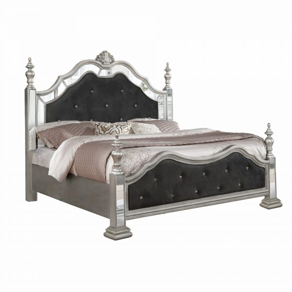 |Black Velvet Queen Panel Bed with Bed Posts|||