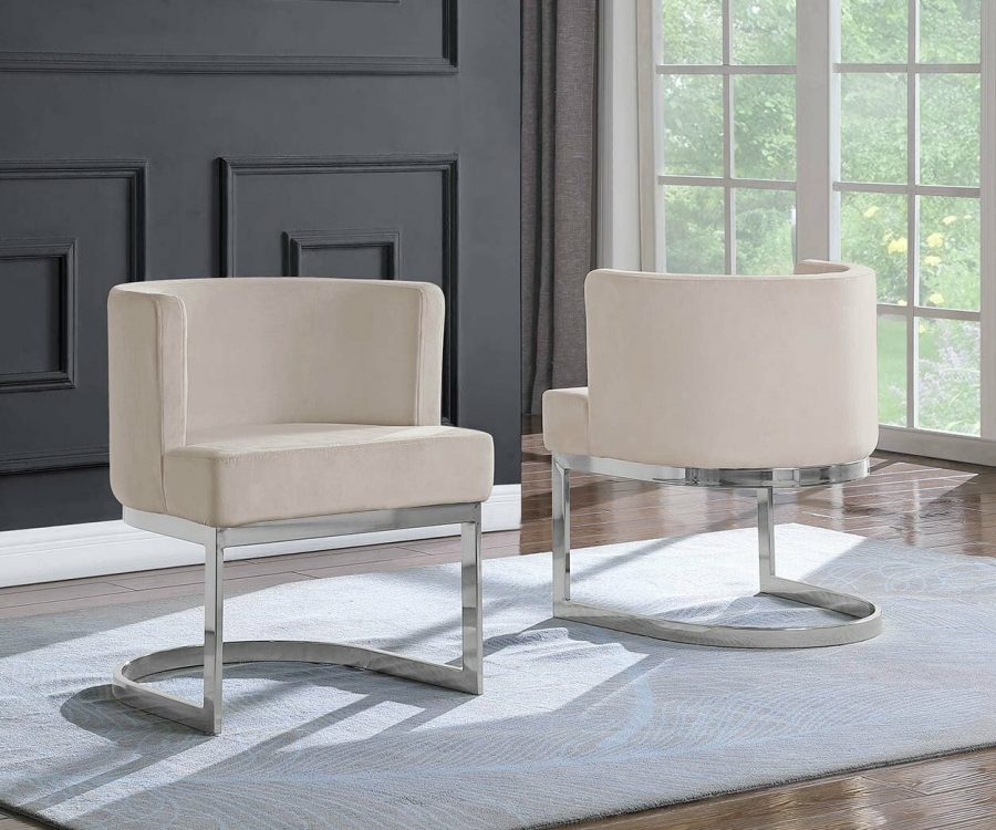 |Beige Velvet Side Chair with Silver|Chrome Base - Single