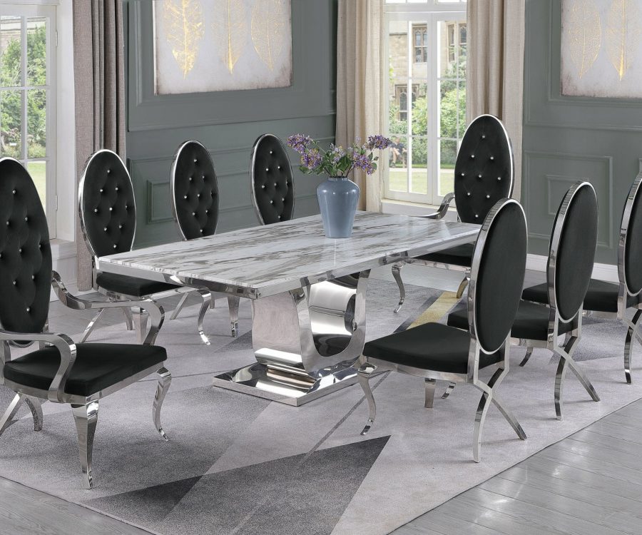|Marble Top|Stainless Steel Base & White Faux Leather Tufted Side Chairs in Chrome Legs