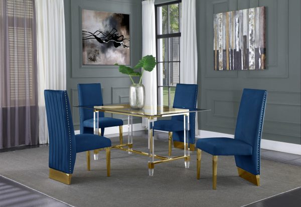 |Table with Acrylic Legs and Trestle|6 Navy Blue Velvet Pleated Chairs|Acrylic Feet with Stainless Steel Gold Trestle