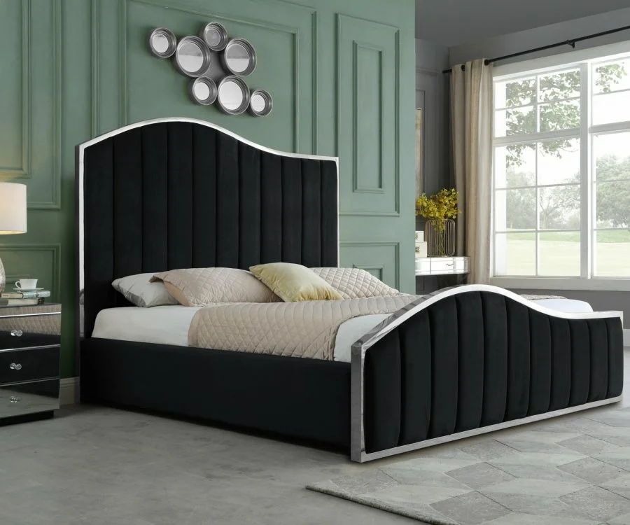 |Black Pleated Velvet Platform Bed|Queen Bed