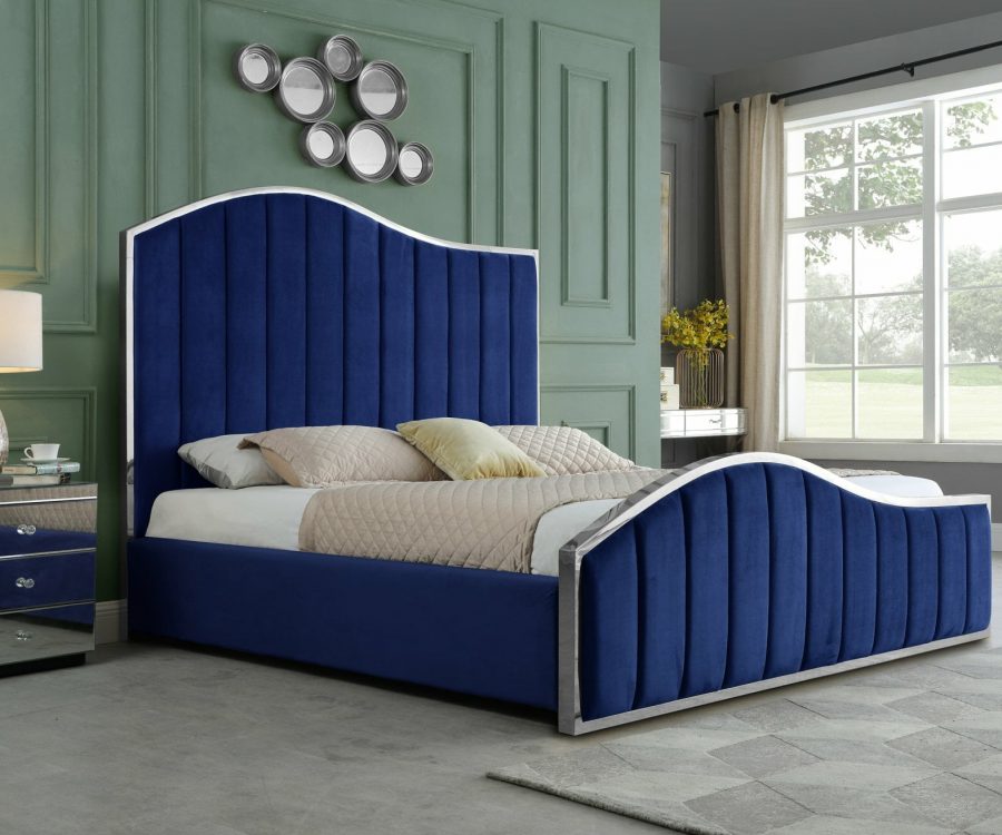 |Navy Blue Pleated Velvet Platform Bed|Queen Bed