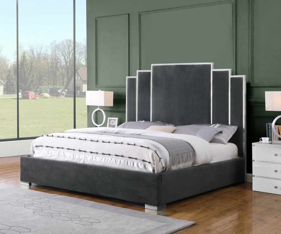 |Dark Grey Velvet Uph. Platform Bed|Queen Bed|