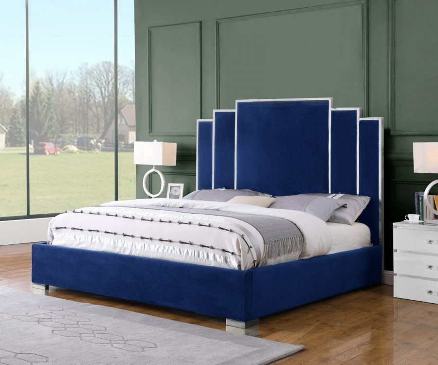 |Navy Blue Velvet Uph. Platform Bed|Queen Bed|