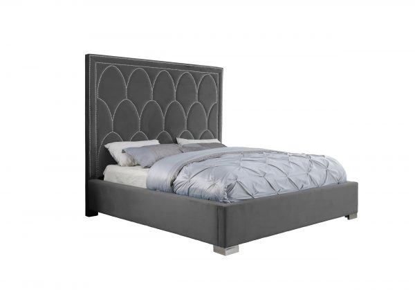 Dark Grey Panel Bed in Velvet Fabric w/ Nailhead - Queen