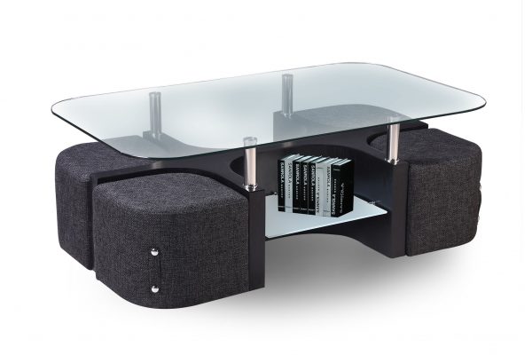 Glass Top Coffee Table with Woven Fabric Stools