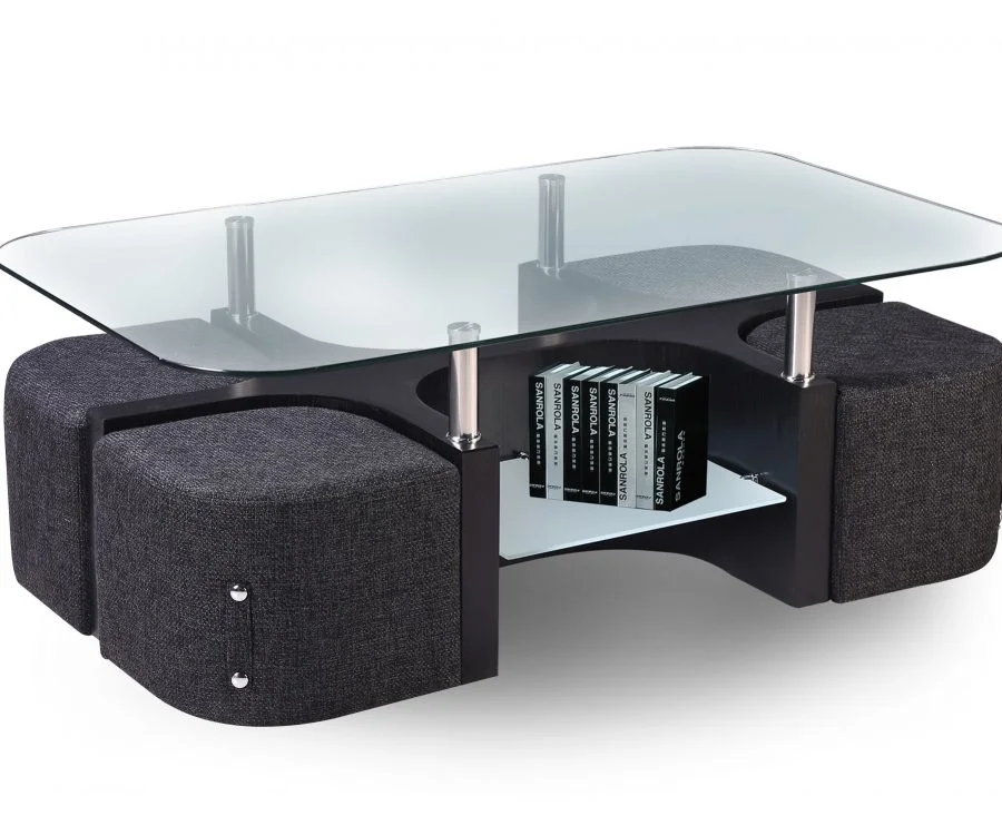 Glass Top Coffee Table with Woven Fabric Stools