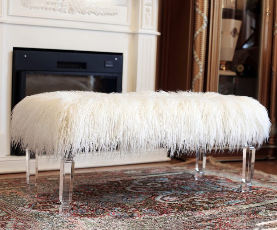 |Fur Bench with Acrylic Legs. 2 Colors to Choose: White or Pink||