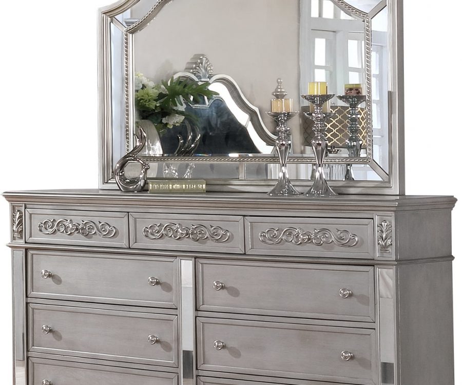||Dresser Mirror Set with 9 Drawers and Mirror with Reflective Panel Border|
