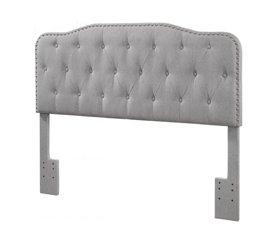 |Headboard with Tufted Buttons and Nailhead Trim. 2 Colors to Choose: Smoke grey or Fog Beige|