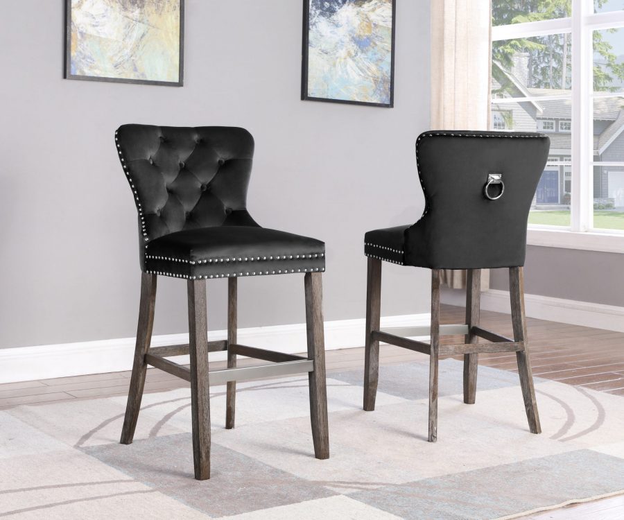 24" Tufted Velvet Upholstered Bar stool in Black|Set of 2||