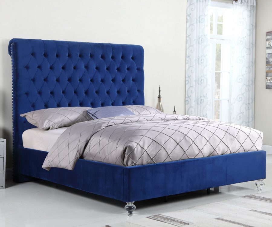 Navy Blue Velvet Uph. Panel Bed with Acrylic Feet - Queen