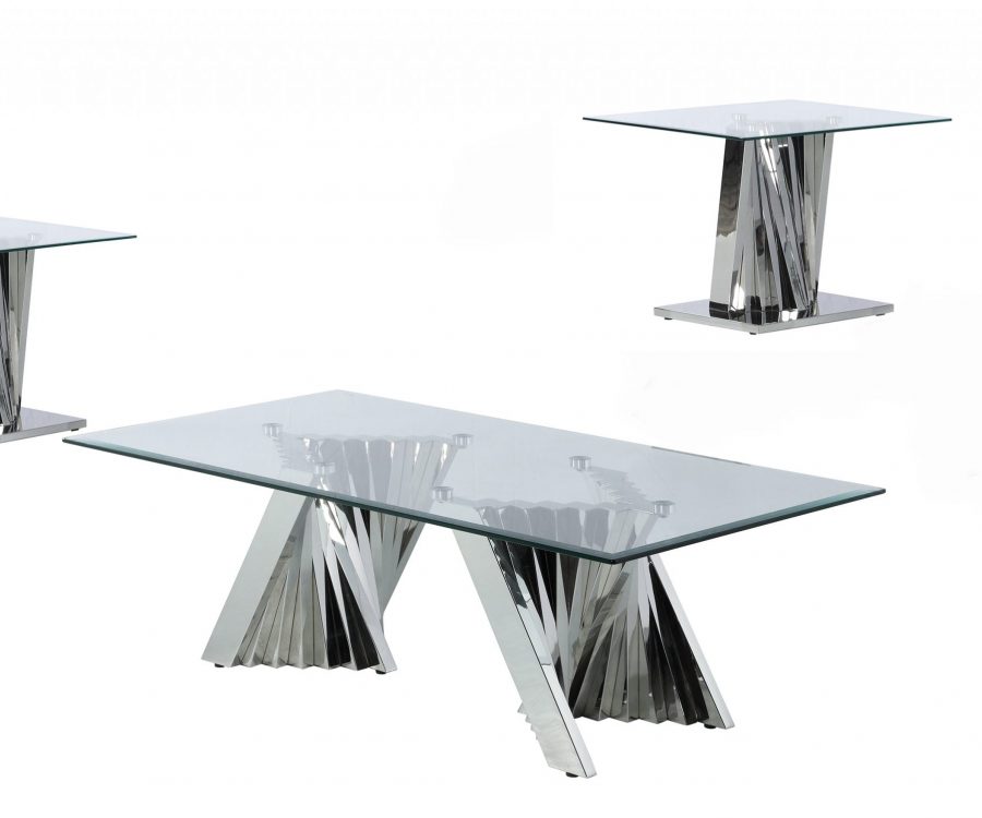 Glass Coffee Table Sets: Coffee Table and 2 End Tables with Stainless Steel Base