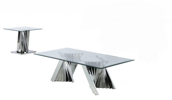 Glass Coffee Table Sets: Coffee Table and End Table with Stainless Steel Base