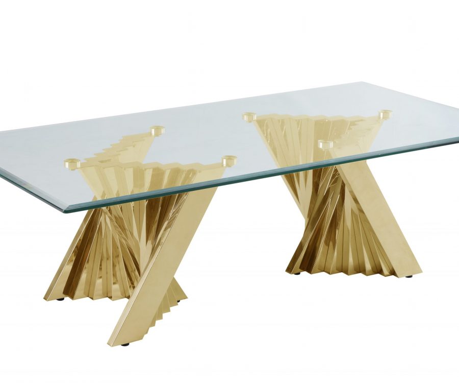 |Glass Coffee Table with Stainless Steel Double Gold Base|