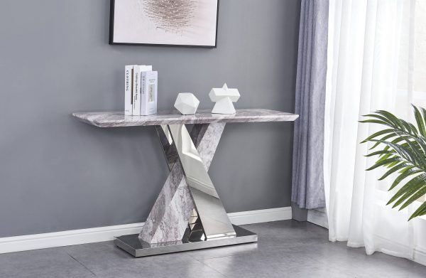 |White Faux Marble Console Table w/Stainless Steel X-Base