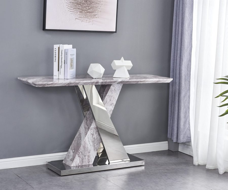 |White Faux Marble Console Table w/Stainless Steel X-Base