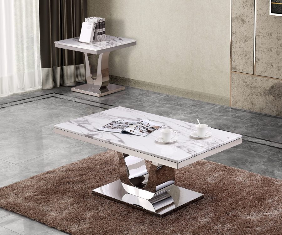 Classic 2pc Set: Marble Top Coffee Table and End table with Stainless Steel Base|
