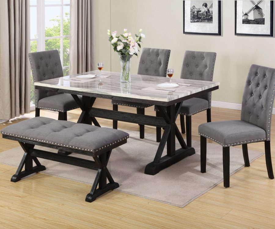 Dining Table w/ Faux Marble Top|4 Upholstered Side Chairs|
