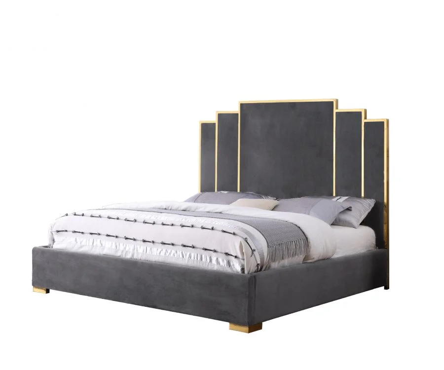 Dark Grey Velvet Queen Bed w/ Stainless Steel Legs and Accents