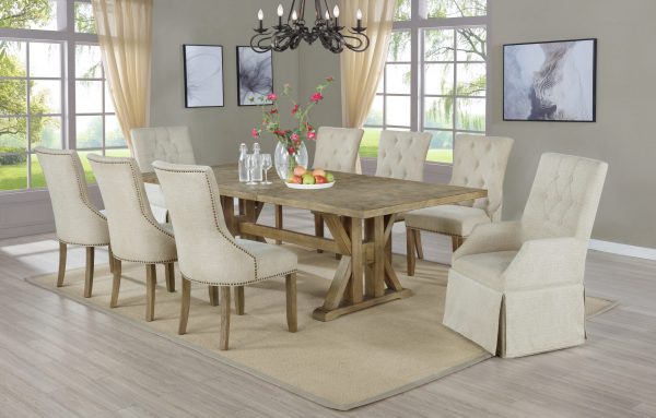 Arm Chairs Tufted and Side Chairs Tufted & Nailhead Trim|Extendable Dining Table w/Center 24" Leaf|Beige