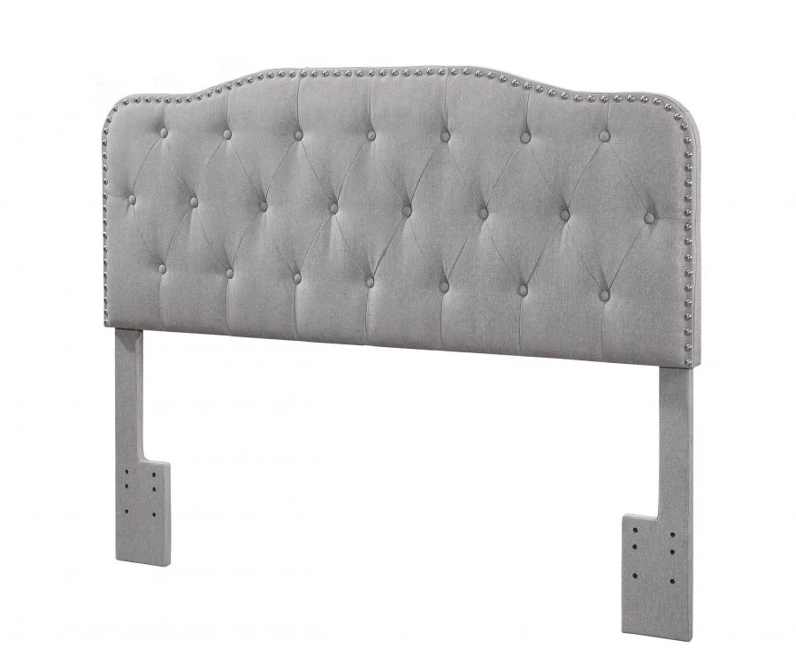 Headboard with Tufted Buttons and Nailhead Trim. 2 Colors to Choose: Smoke grey or Fog Beige