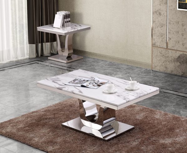 Classic 2pc Set: Marble Top Coffee Table and End table with Stainless Steel Base|