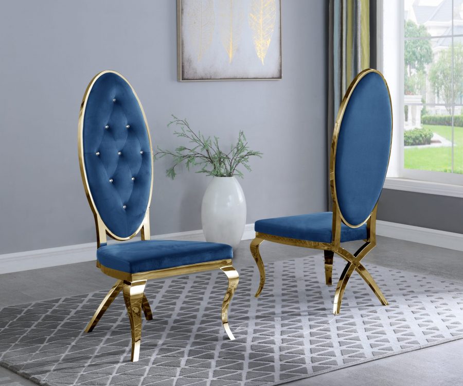 Navy Blue Velvet Tufted Side Chair in Stainless Steel Gold - Set of 2|
