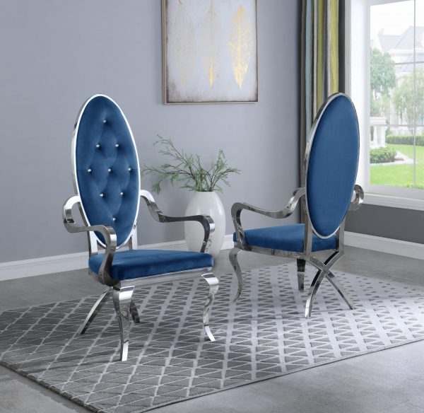 Navy Blue Velvet Tufted Arm Chair in Stainless Steel - Set of 2|