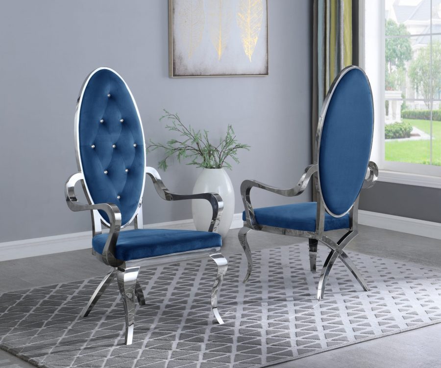 Navy Blue Velvet Tufted Arm Chair in Stainless Steel - Set of 2|