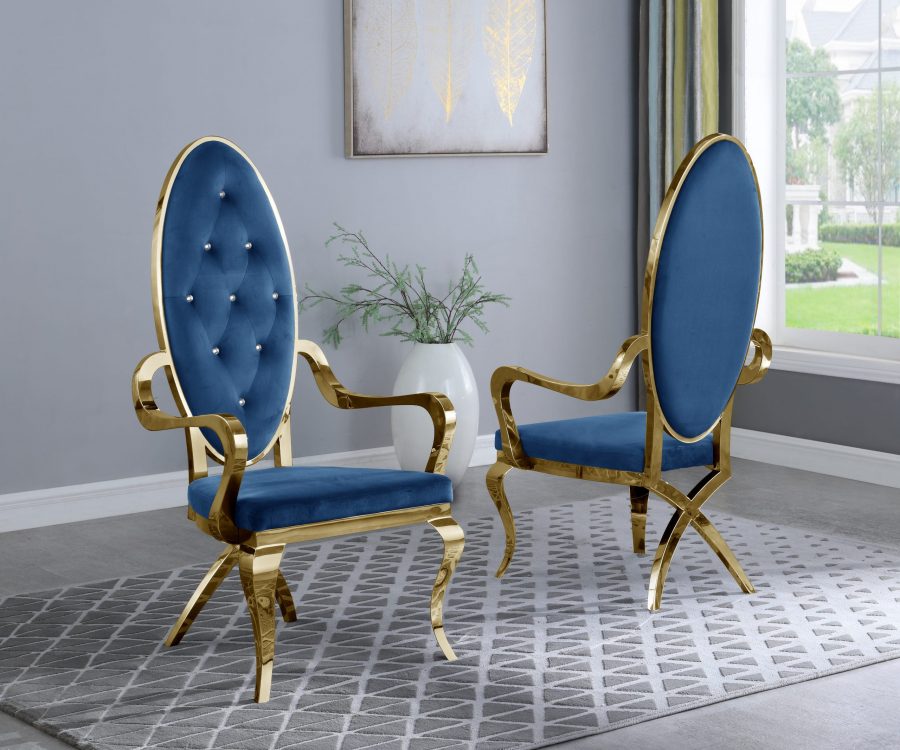 Navy Blue Velvet Tufted Arm Chair in Stainless Steel Gold - Set of 2|