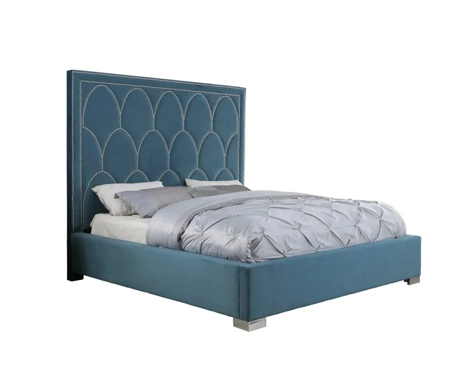 Teal Blue Panel Bed in Velvet Fabric w/ Nailhead - Queen