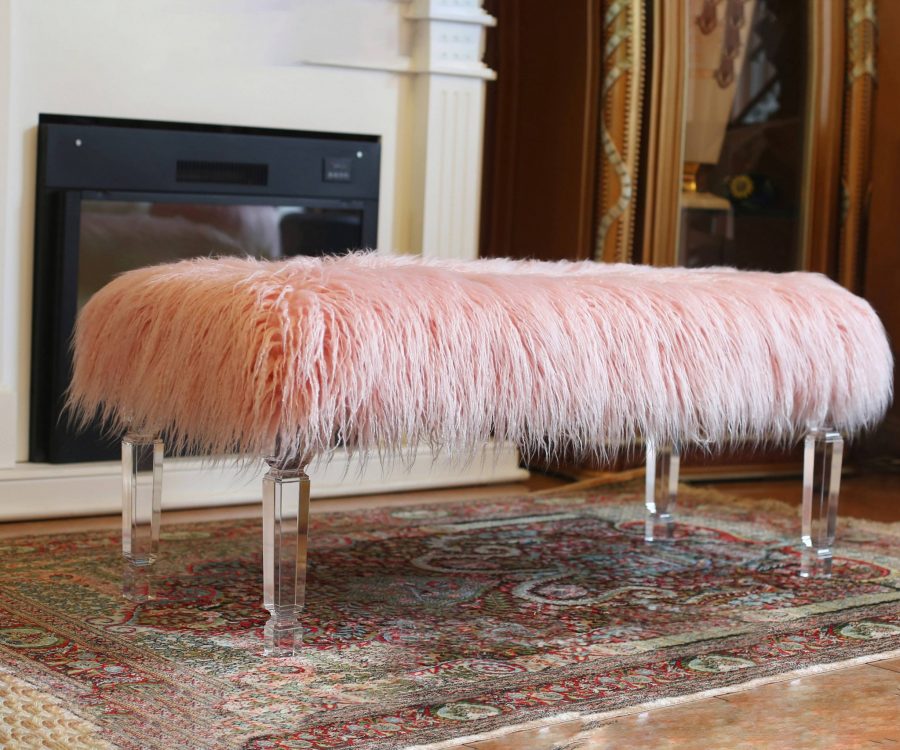 Fur Bench with Acrylic Legs. 2 Colors to Choose: White or Pink