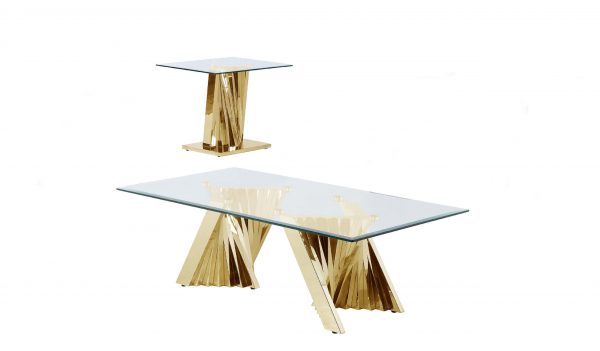 Glass Coffee Table Sets: Coffee Table and End Table with Stainless Steel Gold Base