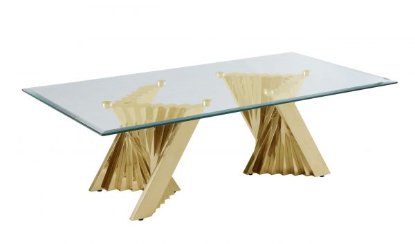 Glass Coffee Table with Stainless Steel Double Gold Base