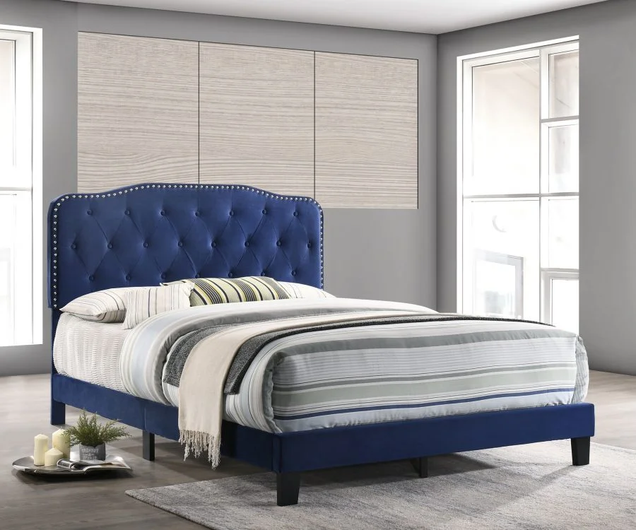 Navy Blue Velvet Uph. Panel Bed with Silver Nailhead - Twin