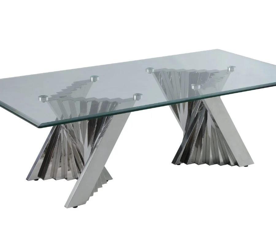 Glass Coffee Table with Stainless Steel Double Base|