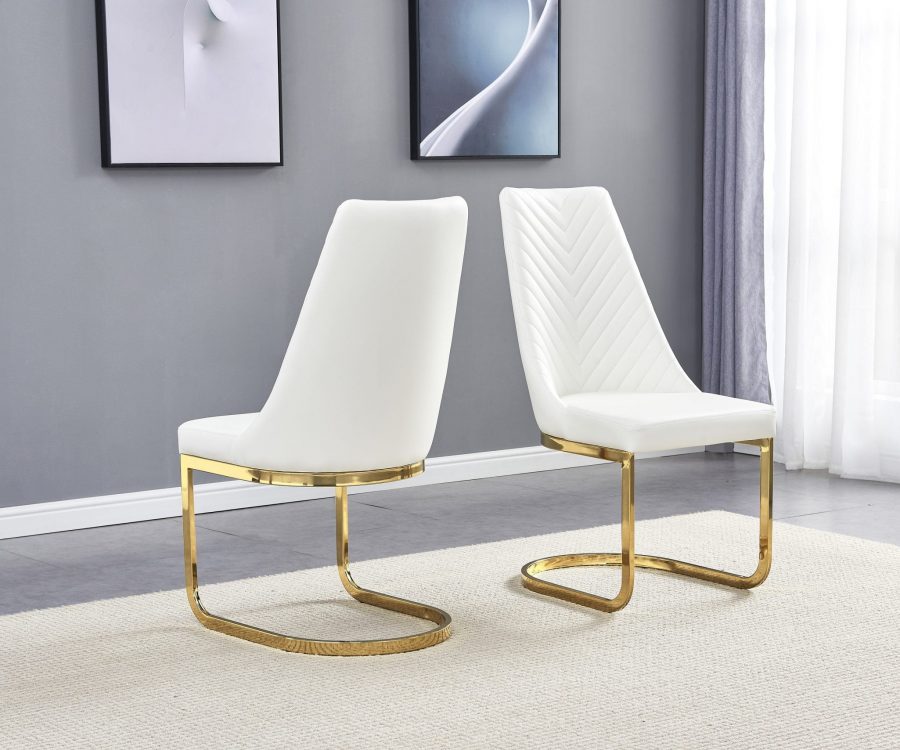 White Tufted Faux Leather Side Chair with Chrome Gold Base - Set of 2