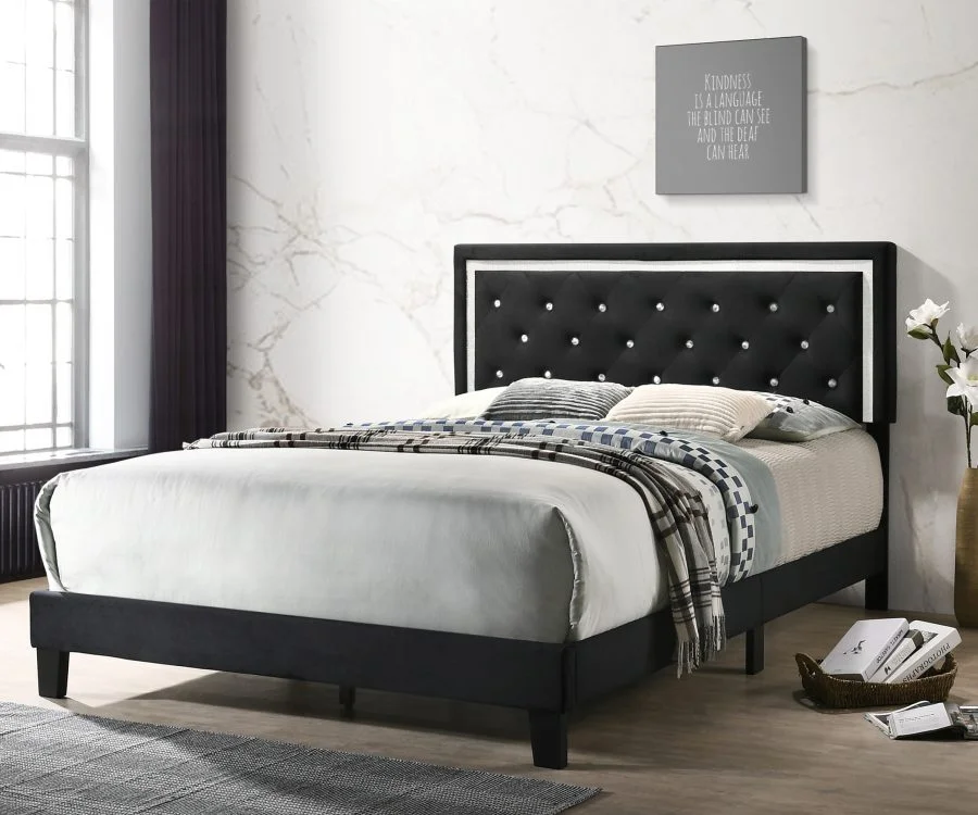 Black Velvet Uph. Panel Bed with Accents - Twin