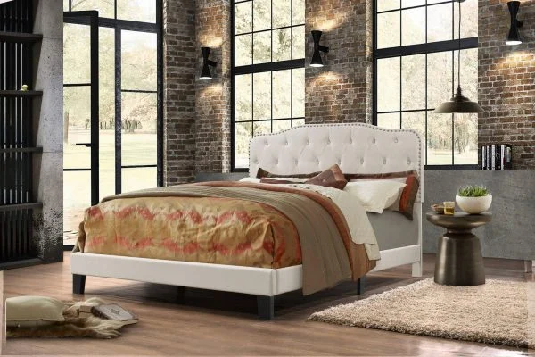 Uph. Panel Bed in Velvet Fabric with Tufted Buttons and Nailhead Trim. 2 Colors to Choose: Smoke grey or Fog Beige